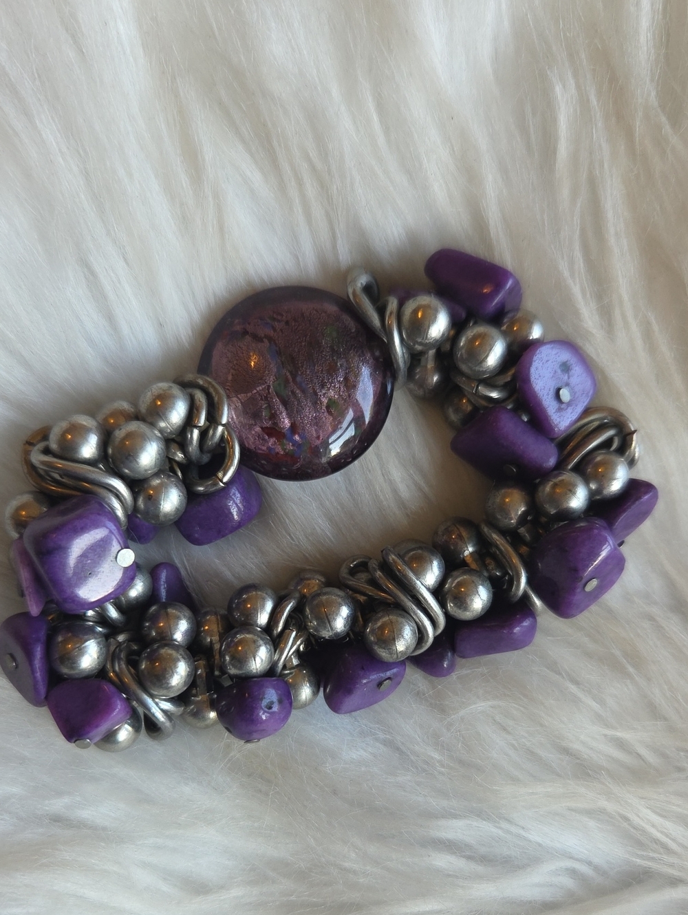 Glass And Charoite Sikver Tone Chunky Big Stretchy Bracelet